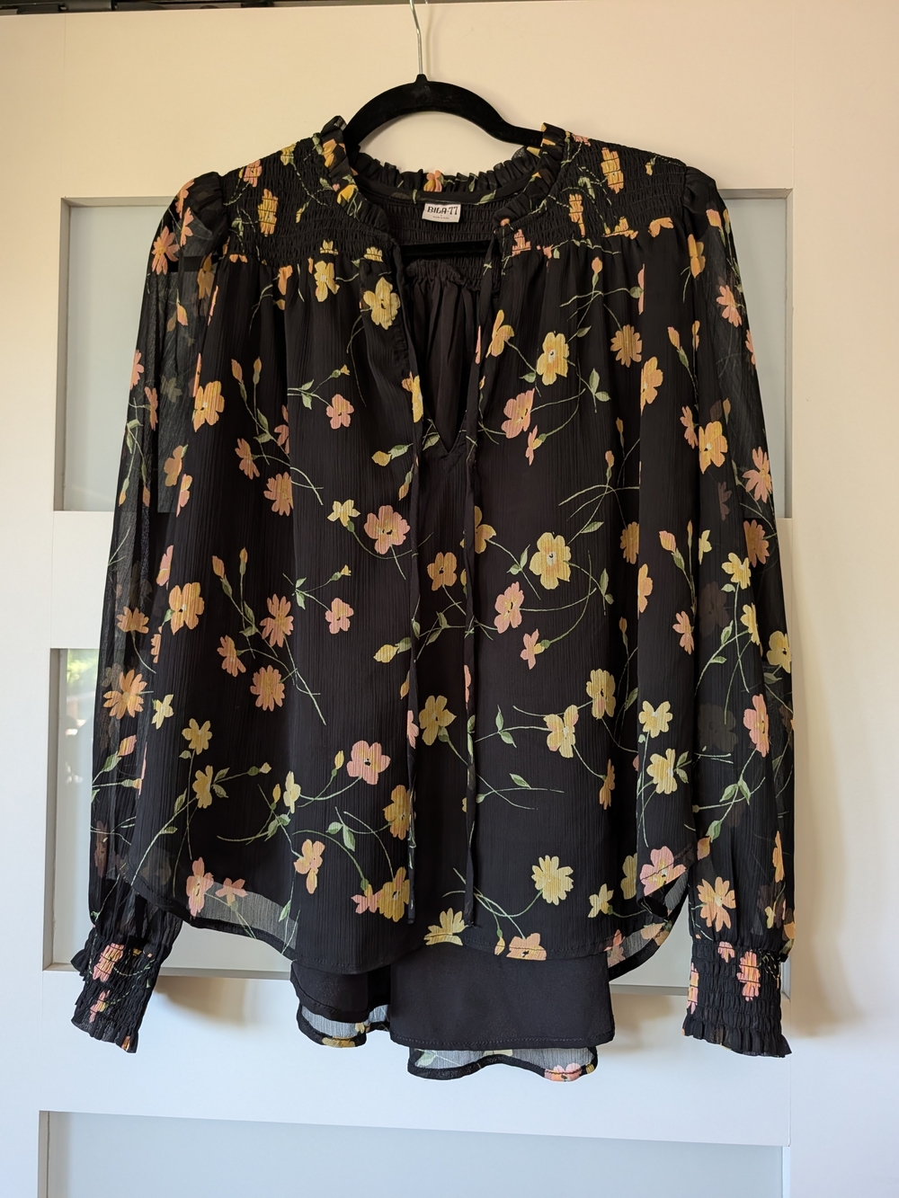 Bila Black Sheer Floral Smocked-Neck Blouse